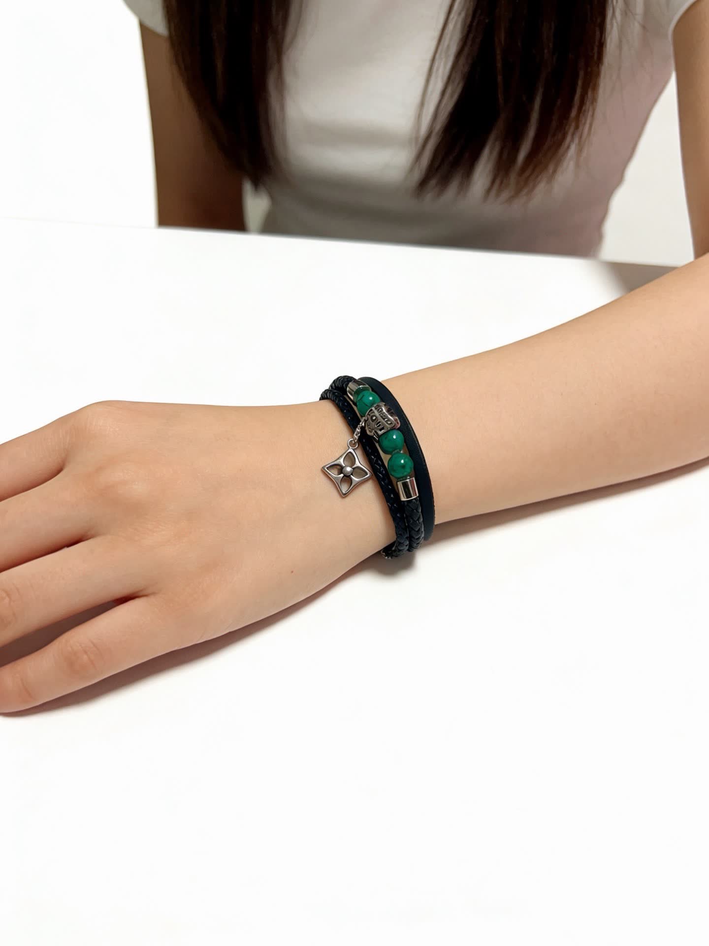 Louis Vuitton Men's Double Wrap Bracelet with Green Beads and Silver Charm